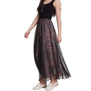 Johnny Was Jade Black Yolanda Pleated Maxi Skirt L Tulle Overlay Whimsigoth Boho
